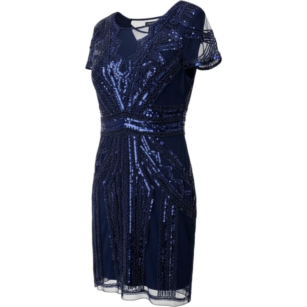 Frock and Frill Art Deco Sequin Beaded Cocktail Dress Size 8 Navy Blue